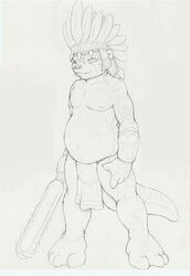 anthro belly bottomwear clothing fangs loincloth lutrai macuahuitl male mammal monochrome mustelid navel ollie_canal otter overweight overweight_anthro overweight_male sketch solo tail tattoo teeth tribal