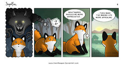 2008 ambiguous_gender base_one_layout canid canine closed_eyes comic dialogue distracting_watermark dream duo emily_chan empty_eyes english_text feral four_frame_image fox humor mammal nightmare one_row_layout peaceful scared solo_focus stupidfox tail text the_truth thought_bubble url watermark white_eyes yellow_eyes