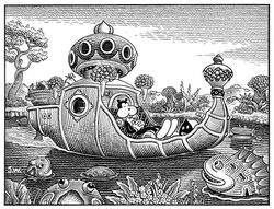 amphibian black_and_white boat closed_eyes female fish floating frank_(frank) frog generic_cartoon_anthropomorph ground_squirrel group inks jim_woodring male mammal marine monochrome pupshaw rodent sciurid sleeping vehicle water watercraft