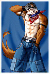 anthro armpit_hair beaugilliam biped body_hair bulge canid canine canis clothed clothing collar domestic_dog fangs grin male mammal muscular muscular_anthro muscular_male smile solo standing tail teeth topless