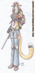 anthro biped clothing coyotek felid feline female fingerless_gloves gloves green_eyes gun handwear hi_res knee_pads lynx mammal midriff ranged_weapon rifle sniper sniper_rifle solo standing tail traditional_media_(artwork) weapon