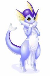 2:3 anthro apron biped blue_body blush clothing cool_colors eeveelution female fin frill_(anatomy) fuddy generation_1_pokemon hi_res kemono looking_at_viewer membrane_(anatomy) membranous_frill neck_frill nintendo open_mouth pokemon pokemon_(species) semi-anthro simple_background smile solo standing tail vaporeon