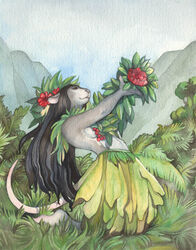 anthro barefoot belly biped black_hair breasts brown_eyes clothed clothing cloud detailed_background feet female flower fur grass grass_skirt grey_body grey_fur grey_nose hair hawaii hibiscus hula island kneeling leaf_clothing long_hair mammal mountain murid murine nature offering_(disambiguation) outside painting_(artwork) plant rat rodent side_boob sky solo soobee susan_meyer tail traditional_media_(artwork) tribal watercolor_(artwork) white_belly white_body white_fur