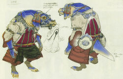 anthro bangaa beard blue_body clothing directional_arrow facial_hair final_fantasy final_fantasy_xii flat_colors japanese_text male migelo model_sheet side_view simple_background solo square_enix tail tan_background text translation_request unknown_artist