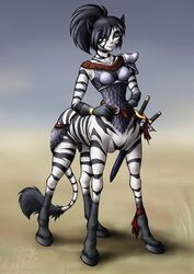 2004 armor belt black_hair clothing equid equid_taur equine equine_taur evion female gloves hair handwear hooves mammal mammal_taur melee_weapon plate_armor quadruped scale_armor solo spaulder stripes sword tail taur unconvincing_armor warrior weapon zebra zebra_taur