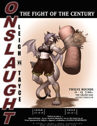 anthro bottomwear breasts clothing dragon english_text fangs female fictional_product horn j_axer leigh membrane_(anatomy) membranous_wings midriff mythological_creature mythological_scalie mythology non-mammal_breasts punch punching_bag purple_eyes purple_sclera scalie shorts solo tail teeth text tomboy wings