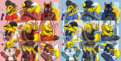 ambiguous_gender anthro armor bandai_namco black_sclera blue_theme breasts canid canine cigarette clothing cool_colors demoman_(team_fortress_2) digimon digimon_(species) engineer_(team_fortress_2) english_text exclamation_point eyewear female fur glasses gloves group gun handwear hat headgear headwear heavy_(team_fortress_2) helmet lips mammal mask medic_(team_fortress_2) military parody pictographics pyro_(team_fortress_2) racism ranged_weapon red_theme renamon rifle scout_(team_fortress_2) slouch_hat smoking sniper_(team_fortress_2) soldier_(team_fortress_2) spy_(team_fortress_2) tail team_fortress_2 text thick_lips unknown_artist valve viximon warm_colors weapon white_body white_fur yellow_body yellow_fur