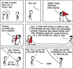 ambiguous_gender bad_analogy black_clothing black_hat black_headwear blockage_(layout) cc-by-nc clothing comic creative_commons cueball_(xkcd) dialogue english_text four_frame_grid fursecution grandfathered_content group hat headgear headwear hopeful horizontal_blockage human human_only kite license_info mammal megan_(xkcd) not_furry omg profanity randall_munroe seven_frame_image species_in_dialogue stick_figure tail text the_truth xkcd