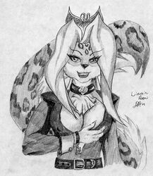 anthro belt bracelet clothed clothing daelyhelaxon dress felid female fully_clothed greyscale half-length_portrait jewelry leopard_spots looking_at_viewer mammal monochrome pantherine portrait snow_leopard solo spots tail