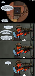 aiming anthro base_four_layout canid canine comic content_repetition dialogue duo english_text fatbustard four_frame_image four_row_layout fox gun hi_res holding_gun holding_object holding_ranged_weapon holding_weapon humor implied_oral laser male mammal ranged_weapon rifle slouch_hat sniper_(team_fortress_2) sniper_rifle solo_focus team_fortress_2 text valve weapon