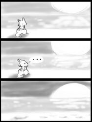 3:4 ambiguous_gender asdfjkl03 base_three_layout beach cave_story comic darwin detailed_background dragon ellipsis feral footprint greyscale lagomorph leporid mammal mimiga monochrome mythological_creature mythological_scalie mythology outside rabbit sand scalie sea seaside sitting sky sky_dragon_(cave_story) solo sun sunset tail three_frame_image three_row_layout water