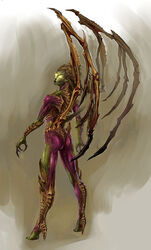 alien alien_humanoid ass blizzard_entertainment digital_media_(artwork) female flesh_creature glowing glowing_eyes green_body hi_res human humanoid hybrid infested_kerrigan knee_pit looking_back mammal purple_body sarah_kerrigan solo standing starcraft unknown_artist wings zerg