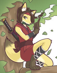 5_fingers anthro black_kneebands black_nose black_wristband brown_hair canid canine clothing crouching female fingers fluffy fluffy_tail fox fur hair katana mammal melee_weapon ninja outside plant red_clothing side_view snakehunter snout solo sword sword_on_back tail tree warrior weapon yellow_body yellow_fur yellow_tail