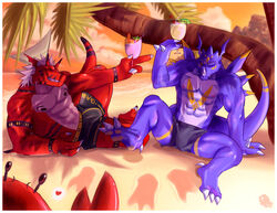 abs anthro arthropod bandai_namco beach beaugilliam beverage biceps big_muscles border bulge claws closed_eyes clothed clothing cloud crab crustacean decapoda digimon digimon_(species) dragon dragoneer_(character) duo facial_markings fakemon fan_character fangs food grin growlmon head_markings heart_symbol horn malacostracan male marine markings murasadramon muscular muscular_male mythological_creature mythological_scalie mythology nipples one_eye_closed outside palm_tree plant red_eyes sand scalie seaside sitting sky smile swimming_trunks swimwear tail teeth tree white_border