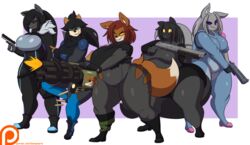  2023 allyson_(dewwydarts) alternate_species anthro big_breasts black_body black_boots black_bottomwear black_clothing black_footwear black_fur black_gloves black_hair black_handwear black_pants black_scarf black_topwear blue_eyes bodysuit boots bottomwear breasts canid canine canis clothed clothing costume dee_(dewwydarts) dewwydarts dipstick_tail domestic_cat epic_games eye_through_hair felid feline felis female fingerless_gloves footwear fortnite fox fur gatling_gun gloves grey_body grey_bodysuit grey_clothing grey_fur grey_gloves grey_hair grey_handwear grey_skinsuit group gun hair hair_over_eye handgun handwear hi_res holding_gun holding_handgun holding_object holding_pistol holding_ranged_weapon holding_shotgun holding_weapon huge_thighs kill_count lynx_(fortnite) machine_gun maddie_(dewwydarts) mammal markings may_(dewwydarts) minigun miss_bunny_penny multicolored_clothing mustelid muzzle_flash one_eye_obstructed open_mouth orange_body orange_fur otter pack_leader_highwire pants patreon patreon_logo pistol pump_action_shotgun purple_eyes ranged_weapon red_hair rino_sato river_otter scarf shooting shooting_gun shotgun simple_background simple_eyes skinsuit slightly_chubby slightly_chubby_anthro slightly_chubby_female smile smirk spent_casing standing tail tail_markings tally_marks thick_thighs tight_clothing topwear torn_clothing translucent translucent_hair two_tone_clothing weapon western_tally_marks wolf yellow_eyes 