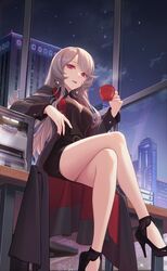  absurdres black_coat black_dress city coat crazy_ones cup dress earrings female from_below high_heels highres holding holding_cup indoors jewelry long_hair official_art red_eyes short_dress sitting solo stiletto_heels window xia_bing_(crazy_ones) 