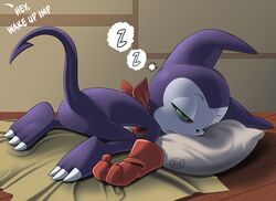  absurd_res anthro ass bandai_namco claws clothing digimon digimon_(species) gloves green_eyes handwear hi_res imp impmon male pillow purple_body sleeping solo sound_effects tush_(artist) vowelless vowelless_sound_effect waking_up zzz 