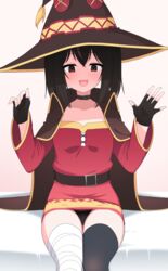  absurdres bamiko_(nanju_bami) bandaged_leg bandages belt black_hair black_panties blush breasts cape choker collarbone cosplay dress female fingerless_gloves gloves gradient_background hat highres kono_subarashii_sekai_ni_shukufuku_wo! looking_at_viewer megumin megumin_(cosplay) nanju_bami open_mouth original panties pantyshot single_thighhigh sitting small_breasts smile solo thighhighs trembling twintails underwear witch_hat zettai_ryouiki 