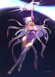  arm_behind_head arm_up armor barefoot barefoot_sandals_(jewelry) bikini_armor breasts collar detached_sleeves dress fate/grand_order fate_(series) female full_body hair_ribbon heart highres jewelry kama_(fate) kama_(second_ascension)_(fate) large_breasts long_hair looking_at_viewer metal_collar purple_dress purple_sleeves purple_thighhighs red_eyes ribbon sky smile solo star_(sky) starry_sky thighhighs thighs toes ushas white_hair 