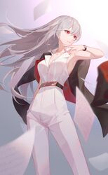  absurdres armpits bare_shoulders belt black_jacket breasts cleavage crazy_ones female formal grey_hair highres jacket jacket_on_shoulders jewelry jumpsuit large_breasts long_hair necklace official_art red_eyes solo standing watch wristwatch xia_bing_(crazy_ones) 