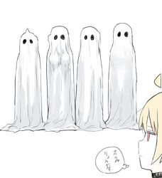  5girls absurdres blonde_hair bocchi_the_rock! breasts closed_mouth commentary facing_viewer full_body ghost_costume gotoh_hitori highres ijichi_nijika ijichi_seika kita_ikuyo large_breasts looking_at_another multiple_girls sadamatsu_ryuuichi sheet_ghost simple_background standing thought_bubble translated white_background yamada_ryo 