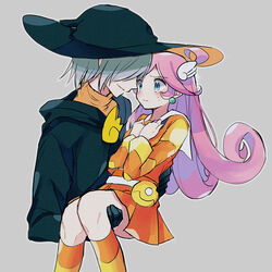  1boy ahoge black_headwear blue_eyes blush carrying commentary_request cropped_torso earrings eyelashes female grey_background grey_hair hat highres jewelry kashima_miyako lemres_(puyopuyo) long_hair orange_shirt orange_skirt orange_thighhighs parted_lips pink_hair princess_carry puyopuyo puyopuyo_fever raffina_(puyopuyo) shirt short_hair simple_background skirt straight striped_clothes striped_sleeves striped_thighhighs sweatdrop thighhighs turtleneck very_long_hair wing_hair_ornament wizard_hat 