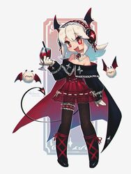  +_+ :d absurdres alternate_eye_color bat_(animal) blood candy_snail_(porforever) cape cup demon_tail digitan_(porforever) drinking_glass female frilled_hairband frills gloves hairband halloween_costume highres looking_at_viewer medium_hair oerba_yun_fang original pantyhose porforever red_skirt skirt smile tail vampire white_gloves white_hair wine_glass 