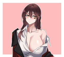  absurdres blush border braid breasts brown_hair cleavage closed_mouth collared_shirt commission dogs_(dlrkdejr26) female female_commander_(girls&#039;_frontline) girls&#039;_frontline griffin_&amp;_kryuger_military_uniform hair_between_eyes heart highres huge_breasts jacket korean_commentary long_hair looking_to_the_side off_shoulder original pink_background red_jacket shirt simple_background single_off_shoulder solo upper_body white_border white_shirt yellow_eyes 