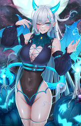  armpit_crease bare_shoulders belt blue_eyes blue_fire breasts brown_leotard candle cleavage cleavage_cutout clothing_cutout covered_navel cowboy_shot demon_girl demon_horns demon_tail demon_wings detached_sleeves earrings fangs female fire fishnet_thighhighs fishnets full_moon grin halloween hands_up highleg highleg_leotard highres horns huge_moon ironatsuki jack-o&#039;-lantern jewelry large_breasts leotard long_hair long_sleeves looking_at_viewer moon multiple_belts nail_polish one_eye_closed one_side_up original pointy_ears skindentation smile solo standing stomach_tattoo tail tattoo thighhighs thighs very_long_hair white_hair wings 