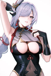  95--- arm_up armpit_crease armpits bare_shoulders bodysuit braid breast_curtain breasts cleavage covered_navel earrings english_commentary female genshin_impact gloves grey_hair hair_ornament hair_over_one_eye highres jewelry large_breasts long_braid long_hair looking_at_viewer shenhe_(genshin_impact) solo tassel very_long_hair 