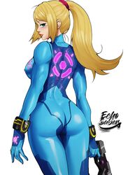  1girls ass ass_focus blonde_hair blue_eyes bodysuit breasts echosaber eye_contact female female_only female_protagonist fully_clothed gun looking_at_viewer looking_back metroid nintendo pistol ponytail samus_aran sideboob solo weapon white_background zero_suit zero_suit_samus 