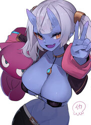  :d belt bikini black_bikini blue_skin breasts collarbone colored_skin commentary_request eyepatch_bikini female highres horns large_breasts looking_at_viewer medium_hair navel oerba_yun_fang oni oni_horns orange_eyes original simple_background skin_fang smile solo swimsuit twintails uusquid v white_background white_belt white_hair 