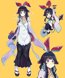  absurdres apron arm_up bag black_hair bow_hairband cleavage_cutout closed_mouth clothing_cutout commentary expressions female fish_(food) foeyp frilled_apron frills full_body hair_flaps hairband hakama hakama_skirt hakata_toushirou_(tenka_hyakken) highres hip_vent japanese_clothes karashi_mentaiko long_hair low-braided_long_hair low-tied_long_hair notice_lines open_mouth plate pout purple_eyes sandals shoulder_bag sidelocks skirt smile socks solo tenka_hyakken white_socks wide_sleeves yellow_background zouri 