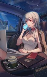  absurdres breasts city crazy_ones cup disposable_coffee_cup disposable_cup dress earrings female formal grey_hair highres jewelry large_breasts long_hair night night_sky notebook official_art red_eyes sitting sky solo talking_on_phone white_dress xia_bing_(crazy_ones) 