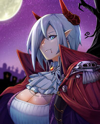  ascot bare_tree blood blood_on_face blue_eyes breasts cape cleavage commentary commentary_request earrings english_text female full_moon girls&#039;_frontline graveyard grey_hair griffin_&amp;_kryuger hair_over_one_eye high_collar highres horns huge_breasts ichi_illust001 jewelry looking_at_viewer mg5_(girls&#039;_frontline) moon night oerba_yun_fang outdoors pointy_ears red_cape revision shirt sky smile solo star_(sky) starry_sky tree upper_body white_ascot white_shirt 