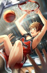  2boys absurdres ball basketball basketball_(object) basketball_uniform brown_eyes brown_hair ensemble_stars! highres kindo male_focus morisawa_chiaki multicolored_tank_top multiple_boys open_mouth red_footwear red_shorts shoes short_hair shorts sportswear upper_body 