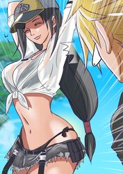  1boy arms_up baseball_cap bikini bikini_under_clothes black_bikini black_hair blonde_hair breasts bulging_eyes closed_mouth cloud_strife commentary_request crop_top denim denim_skirt emphasis_lines female final_fantasy final_fantasy_vii final_fantasy_vii_ever_crisis frayed_clothes hat highres large_breasts long_hair low-tied_long_hair mapcvt navel official_alternate_costume outdoors see-through see-through_shirt shaded_face shirt short_hair short_sleeves side-tie_bikini_bottom skirt smile stretching surprised swimsuit tied_shirt tifa_lockhart tifa_lockhart_(lifeguard) two-tone_headwear wet wet_clothes wet_shirt whistle whistle_around_neck 