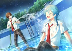  2boys absurdres belt black_pants blue_hair brown_eyes brown_hair closed_eyes ensemble_stars! glasses highres holding holding_hose hose kindo long_hair male_focus morisawa_chiaki multiple_boys necktie open_mouth pants pool red_necktie shinkai_kanata shirt short_hair teeth tongue upper_teeth_only wet white_shirt 