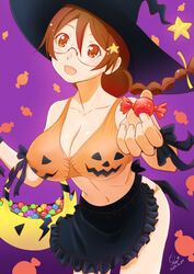  apron black_apron bra braid breasts brown_eyes brown_hair candy cleavage collarbone commentary_request dated female food glasses hair_between_eyes hair_ornament halloween hanekawa_tsubasa hat holding holding_candy holding_food huumoon kizumonogatari large_breasts long_hair looking_at_viewer midriff monogatari_(series) navel open_mouth orange_bra orange_panties panties smile solo star_(symbol) star_hair_ornament underwear waist_apron witch_hat 