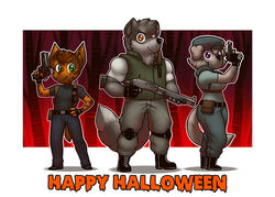  alphonse_(james_howard) anthro canid canine canis capcom clothing cosplay costume domestic_cat domestic_dog felid feline felis female group gun halloween handgun holidays james_howard jill_(james_howard) male mammal pistol ranged_weapon resident_evil richard_(james_howard) shotgun trio weapon wolf 