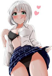  :q aoba_moca aqua_eyes bang_dream! black_bra black_panties blue_skirt blush bow bow_bra bra breasts closed_mouth clothes_lift cowboy_shot crotch_seam dress_shirt female grey_hair haneoka_school_uniform heart licking_lips lifting_own_clothes long_sleeves looking_at_viewer medium_breasts miniskirt natsuyoshi_(natsun) open_clothes open_shirt opened_by_self panties plaid plaid_skirt pleated_skirt school_uniform shirt short_hair simple_background skirt skirt_lift smile solo standing sweat tongue tongue_out underwear white_background white_shirt wing_collar 