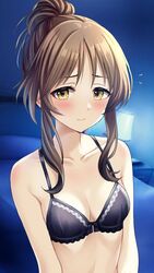  absurdres bed bikini black_bikini blush bow bow_bra bra breasts brown_eyes brown_hair cleavage commentary female hair_bun highres idolmaster idolmaster_cinderella_girls ponytail popon_ta sidelocks single_hair_bun small_breasts solo swimsuit takamori_aiko underwear 