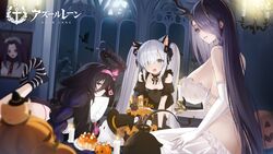  3girls adventure_galley_(azur_lane) adventure_galley_(carnival_under_the_blood_moon)_(azur_lane) all_fours animal_ears azur_lane black_dress black_socks black_thighhighs blue_eyes braid breasts cat_ears chungu clothing_cutout commentary_request copyright_name dress elbow_gloves fake_animal_ears feet_up gloves golden_hind_(azur_lane) golden_hind_(forlorn_femme_fatale)_(azur_lane) hair_between_eyes hair_over_one_eye hairband half-closed_eyes halloween hat highres horns huge_breasts hugging_object indoors jack-o&#039;-lantern janus_(azur_lane) janus_(fright-night_scaredy-cat)_(azur_lane) long_dress long_hair lying manjuu_(azur_lane) mouth_hold multiple_girls navel no_shoes official_alternate_costume official_art on_stomach open_mouth panties pillow pillow_hug pink_hairband pink_panties portrait_(object) puffy_short_sleeves puffy_sleeves purple_eyes purple_hair see-through see-through_dress short_dress short_sleeves shoulder_cutout sitting small_breasts socks star_(symbol) striped_clothes striped_socks thighhighs twintails umbrella_octopus underwear very_long_hair white_dress white_gloves white_hair white_socks whydah_(azur_lane) whydah_(lazy_pirate_angel)_(azur_lane) witch_hat 