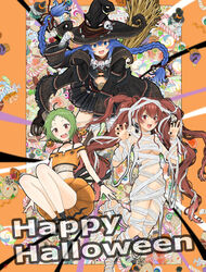  3girls :d absurdres ahoge ankle_ribbon bandages barefoot black_choker black_headwear black_nails black_ribbon black_skirt blue_eyes braid breasts broom broom_riding candy choker claw_pose commentary cropped_shirt earrings elf english_text eris_greyrat floating food green_hair halloween halloween_costume happy_halloween hat hat_ornament highres jack-o&#039;-lantern jack-o&#039;-lantern_earrings jewelry knees_up leg_ribbon leg_up long_hair long_sleeves looking_at_viewer low-braided_long_hair low-tied_long_hair messy_hair midriff multiple_girls mummy_costume mushoku_tensei nao_suke navel necklace oerba_yun_fang off-shoulder_shirt off_shoulder open_mouth orange_shirt orange_skirt pointy_ears pumpkin_pants red_eyes red_hair ribbon roxy_migurdia shirt short_hair simple_background skirt skull_hat_ornament skull_necklace small_breasts smile standing standing_on_one_leg sylphiette_(mushoku_tensei) twin_braids twintails white_background witch witch_hat 