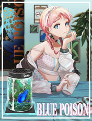  arknights blue_eyes blue_poison_(arknights) blue_poison_(shoal_beat)_(arknights) bottle braid breasts bright_pupils character_name choker commentary female hairband highres holding holding_bottle jacket jar kawausoman long_hair long_sleeves looking_at_viewer o-ring o-ring_choker off_shoulder official_alternate_costume open_clothes open_jacket pink_choker pink_hair poison_dart_frog rectangular_pupils scales small_breasts solo sports_bra strap_slip twin_braids upper_body white_hairband white_jacket white_pupils white_sports_bra 