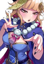  absurdres alternate_costume bead_necklace beads blonde_hair blunt_bangs boku_no_hero_academia cosplay dress fangs female genshin_impact ghost_pose hat highres jewelry jiangshi long_hair looking_at_viewer necklace ofuda ofuda_on_head open_mouth purple_dress purple_eyes purple_nails qingdai_guanmao qiqi_(genshin_impact) qiqi_(genshin_impact)_(cosplay) sidelocks solo talisman toga_himiko unusualpie yellow_eyes 