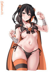  :d alternate_costume bandaged_arm bandages bikini black_bikini black_cape black_hair black_thighhighs blush breasts breasts_apart brooch cape claw_pose collarbone commentary cowboy_shot cropped_legs curvy ebifurya female foreshortening grey_eyes grin groin hair_ribbon halloween_costume highres jack-o&#039;-lantern_brooch jack-o&#039;-lantern_ornament jewelry kantai_collection long_hair looking_at_viewer medium_breasts navel one-hour_drawing_challenge orange_cape orange_ribbon orange_thighhighs paw_pose ribbon sendai_(kancolle) side-tie_bikini_bottom sidelocks simple_background single_thighhigh skindentation smile solo standing stomach string_bikini swimsuit thighhighs thighs twintails twitter_username underboob white_background 