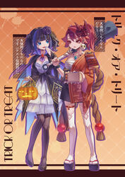  2girls alternate_costume armor black_hair blue_eyes blue_hair boots bow breasts bridal_gauntlets chest_sarashi cleavage commentary_request duel_monster earrings full_body ha-re_the_sword_mikanko halloween_bucket halloween_costume hand_to_own_mouth highres holding_weapon_with_feet jewelry mask multicolored_hair multiple_girls ni-ni_the_mirror_mikanko oni_mask ponytail red_bow red_eyes sarashi scar scar_across_eye shoulder_armor shun_no_shun skull_earrings streaked_hair tabi thighhighs trick_or_treat yu-gi-oh! 