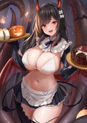  alternate_costume azur_lane bikini black_hair bow breasts cake chocolate_cake demon_horns demon_tail dessert female food hairbow halloween highres holding holding_tray horns large_breasts long_hair looking_at_viewer maid maid_bikini manda_(manda9n) miniskirt navel oerba_yun_fang official_alternate_costume pumpkin raised_eyebrows red_eyes royal_fortune_(azur_lane) royal_fortune_(treats_from_the_deep)_(azur_lane) sideboob skirt solo stomach swimsuit tail tentacle_hair thighs tray unconventional_maid underboob very_long_hair white_bikini white_bow 