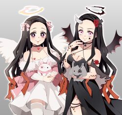  2girls alternate_costume black_dress black_hair black_ribbon black_thighhighs breasts closed_mouth demon_girl demon_horns demon_wings dress facial_mark flower fur_trim hair_flower hair_ornament halo highres holding holding_stuffed_toy horns jacket kamado_nezuko kimetsu_no_yaiba long_hair medium_breasts multicolored_hair multiple_girls open_mouth orange_hair pink_eyes pink_jacket pink_ribbon pori_(kmt_pori) ribbon single_thighhigh smile stuffed_animal stuffed_rabbit stuffed_toy tattoo teeth thighhighs upper_teeth_only white_dress white_thighhighs wings 